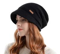 DAVBNM Winter Knit Hat for Women, Lined Warm Slouchy Beret Hat Newsboy Cap with Visor, Thermal Pullover Ear Protection Hats with Brim, for Daily Winter Outdoor Black