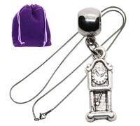 Dave The Bunny Delicate Grandfather Clock Pendant Necklace for Women, Silver Tone Charm Jewelry for Antique Decor Lovers, Vintage Wall Clock Inspired Gift with Purple Pouch