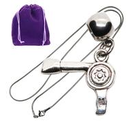 Dave The Bunny Hair Dryer Pendant Necklace for Stylists, Blow Dryer Charm with Slim Chain, Silver Tone Hair Jewelry Gift with Purple Drawstring Pouch for Salon Professionals
