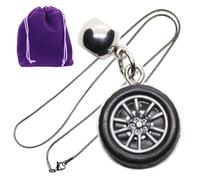 Dave The Bunny One Wheel Tire Black Racing Wheel Pendant Necklace Silver Tone Chain Auto Lover Gift with Purple Drawstring Pouch Box