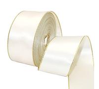 David accessories Antique White Satin Ribbon with Gold Edges 1.5 Inch Wide 20 Yards, Gold Border Fabric Ribbons for Gift Wrapping DIY Crafts Christmas Decor Wreath Bows Invitations (Antique White)