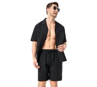 DAVID ARCHY Men's Pajamas Set 100% Cotton Linen-effect Summer Holiday Wear Outerwear Short Sleeve Lightweight Lounge PJs with Pockets (UK, Alpha, L, Regular, Regular, Stretch Limo)