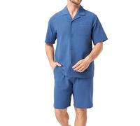 DAVID ARCHY Men's Pajamas Set 100% Cotton Linen-effect Summer Holiday Wear Outerwear Short Sleeve Lightweight Lounge PJs with Pockets (UK, Alpha, XL, Regular, Regular, Federal Blue)