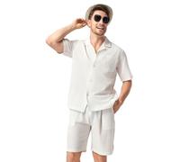 DAVID ARCHY Men's Pajamas Set 100% Cotton Linen-effect Summer Holiday Wear Outerwear Short Sleeve Lightweight Lounge PJs with Pockets (UK, Alpha, M, Regular, Regular, Lucent White)
