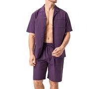 DAVID ARCHY Men's Pajamas Set 100% Cotton Linen-effect Summer Holiday Wear Outerwear Short Sleeve Lightweight Lounge PJs with Pockets (UK, Alpha, L, Regular, Regular, Purple Plumeria)