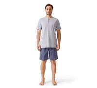 DAVID ARCHY Pyjama Set Mens Cotton Sleepwear Short Sleeve Loungewear PJ Stripes Nightwear with Pockets Conceal Fly (Grey+Navy Blue,M)