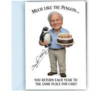 David Attenborough Inspired Autograph Birthday Card Reproduction Signed Funny Penguin Cake Joke Wildlife Presenter Humour Greeting Card Nature Documentary Fan Greeting with Envelope no2064