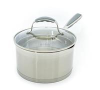 David Burke Gourmet Pro Stature Stainless Steel 3.5-Qt Sauce pan with Glass Straining Lid and Pour Spouts, EZ-Grip Riveted Handles for Durability and Control, Oven Safe - Brushed Gray