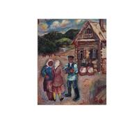 David Burliuk Picture Print on Canvas. Famous Painting. Peasants by Cabin. Modern Wall Art for Living Room Decor. Reproductions 50x40cm Unframed