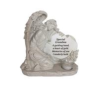 David Fischhoff Grandma Memorial Angel By Rock with Glass Candle Cup, Stone, Grey
