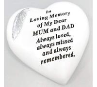 David Fischhoff Mum and Dad White and Silver Feather Heart Stone.ornament Grave Plaque, Waterproof and Weather Resistant