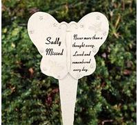 David Fischhoff Sadly Missed Diamante Memorial Butterfly Stake Garden Stone Plaque Grave Ornament pushes in ground, 23 x 13cm