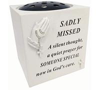 David Fischhoff Sadly Missed Praying Hands Rose Bowl with Diamante Decoration Grave Memorial for Grandad, Weatherproof - for Graveside Flower Arrangements, 14 X 15 Cm