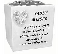 David Fischhoff Sadly Missed White Angel Wings Rose Bowl with Silver Lid, Weatherproof - for Graveside Flower Arrangements, 14 X 15 Cm