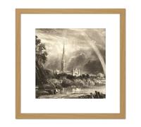 David Lucas Salisbury Cathedral From Meadows Painting 8X8 Inch Square Wooden Framed Wall Art Print Picture with Mount Artery8 Light Oak One Size