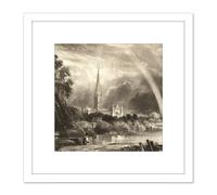 David Lucas Salisbury Cathedral From Meadows Painting 8X8 Inch Square Wooden Framed Wall Art Print Picture with Mount Artery8 White One Size