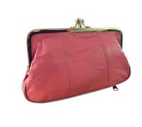 David Viggers - Leather Coin Purse - Purse for Women with Double Frame, Kiss Lock Closure, Coin Holder with Gold Metal Frame - 17cm x 10cm - Elegant Vintage Style Compact Clutch Bag (Dusky Pink)