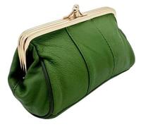 David Viggers - Leather Coin Purse - Purse for Women with Double Frame, Kiss Lock Closure, Coin Holder with Gold Metal Frame - 14cm x 8.5cm - Elegant Vintage Style Compact Clutch Bag (Green)
