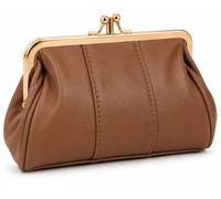 David Viggers - Leather Coin Purse - Purse for Women with Double Frame, Kiss Lock Closure, Coin Holder with Gold Metal Frame - 14cm x 8.5cm - Elegant Vintage Style (Light Brown)