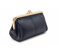 David Viggers - Leather Coin Purse - Purse for Women with Double Frame, Kiss Lock Closure, Coin Holder with Gold Metal Frame - 14cm x 8.5cm - Elegant Vintage Style Compact Clutch Bag (Navy Blue)