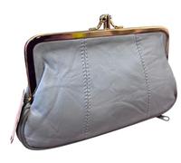 David Viggers - Leather Coin Purse - Purse for Women with Double Frame, Kiss Lock Closure, Coin Holder with Gold Metal Frame - 17cm x 10cm - Elegant Vintage Style Compact Clutch Bag (Grey/Blue)