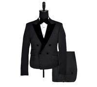 David WeJ Alfredo Cropped Double Breasted Velvet Peak Lapel Tuxedo- Black - 48
