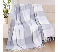David's Home Buffalo Plaid Throw Blanket- Soft Lightweight Tartan Checker Blanket with Decorative Tassels for Couch Sofa-Outdoor Fringe Lap Throw-Farmhouse Style-50x60 Inches-White+Greyish Blue/Purple