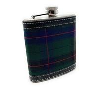 Davidson Tartan Hip Flask, 7oz, Stainless Steel with Leather Trim, Green and Navy Pattern