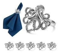 Davifina Silver Octopus Coastal Napkin Rings set of 6 Ocean Beach Napkin Rings for Beach Wedding Pool Party,Nautical Fish Napkin Ring Holders for Baby Shower Brithday Holiday Family Dinner Table Decor