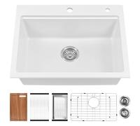 Davivy 25 Inch White Granite Composite Kitchen Sink Workstation, Quartz Kitchen Sink White, Drop in & Undermount Installation, Single Bowl Design with Accessories