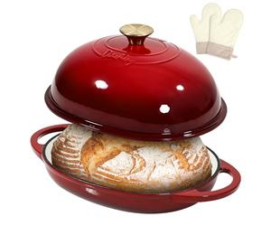 Davivy 6QT Oval Cast Iron Sourdough Dutch Oven with Silicone Oven Mitts, Bread Dutch Oven for Sourdough Bread Baking 6QT, Cast Iron Bread Cloche Loaf Pan with Domed Lid - Ruby Red