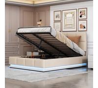 DAVUD Upholstered bed 140 x 200 cm with LED, metal slatted frame & bed base, double bed with height-adjustable upholstered headboard & hydraulic storage space, (mattress not included)-Beige