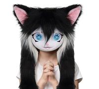 DAWCBVJQ Furry Cosplay Heads | Animal Cat Masque with Big Eyes Long Hair - Plush Headwear Costume Props for Masquerade Theatre Performance Party Women Halloween Cosplay Anime Convention