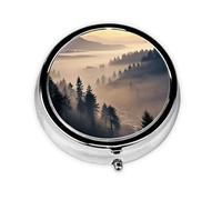 Dawn After Rain with Mist Print Pill Box 3 Compartments Round Pill Organizer Metal Waterproof Portable Pill Case for Pocket or Purse Vitamin/Fish Oil/Pills/Supplements