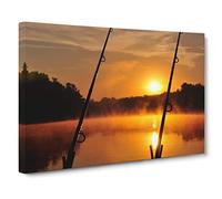Dawn Fishing Rods Forest and Lake Canvas Print | Gallery Wrapped 30mm Frame Wall Art | 24x16 inches | Ready to Hang | Modern Landscape Picture | Living Room Bedroom Lounge Office