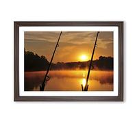 Dawn Fishing Rods Forest and Lake Framed Print | A2 Walnut Framed Wall Art | Ready to Hang | Modern Landscape Picture | Living Room Bedroom Lounge Office