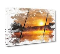 Dawn Fishing Rods Sunset and Lake (1) V3 Canvas Print | Gallery Wrapped 30mm Frame Wall Art | 30x20 inches | Ready to Hang | Modern Landscape Picture | Living Room Bedroom Lounge Office