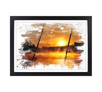 Dawn Fishing Rods Sunset and Lake (1) V3 Framed Print | A2 Black Framed Wall Art | Ready to Hang | Modern Landscape Picture | Living Room Bedroom Lounge Office