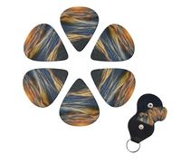 Dawn Ocean Waves Guitar Picks 6 Pack, 0.71mm Thickness Celluloid Bass Pick with Leather Guitar Pick Holder Keychain Abstract Art Pics Plectrum for Acoustic Electric Guitar, Ukulele, Bass