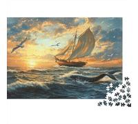 Dawn on The High Seas,Puzzles Whales Yachts Under Sail Gemusterte Nachhaltige Puzzles Für Erwachsene Hochwertige Holzspielpuzzles 1000pcs (75x50cm)
