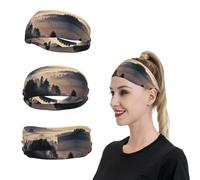Dawn Over Forest After Rain with Mist Sports Headband for Men Women Wide Elastic Hair Bands Moisture Wicking Workout Sweatband Fashion Non Slip Head Bands Running Bandana for Yoga Fitness