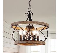Dawn Whisper Rustic Drum Chandelier, 15.7" Gray Wood, 5-Light, Farmhouse Style, Kitchen