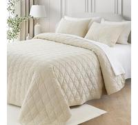 DAWNDIOR King Luxury Velvet Quilt Set - 104"x90" Geometric Stitched Triple-Layered Lightweight All-Season Coverlet with 2 Pillow Shams, Beige