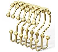 DAWNER Shower Curtain Hooks Rings, Rust Proof Hooks, Metal Easy Glide Double Shower Rings Hooks, Stainless Steel Shower Curtain Hangers for Bathroom Shower Curtains, Set of 12 Hooks, Gold Color
