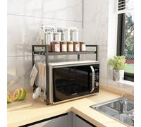 DAWNYIELD 2 Tier Extendable Microwave Oven Rack Shelf with 3 Hanging Hooks Microwave Stand with Storage for Kitchen Counter Organiser Printer Stand (Black)