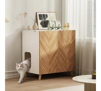 DAWNYIELD Cat Litter Box Enclosure, Wooden Hidden Litter Box Furniture with Dual Entrance, and Ventilation Holes, Indoor Herringbone Pattern Cats House, Cat Llitter Cupboard Cabinet, White