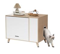 DAWNYIELD Cat Litter Box Enclosure, Wooden Litter Box Furniture with Flip-Up Door and Slide-Out Tray, Indoor Pet House with Side Entry and Side Cabinet, Cat Washroom Toilet Side Table, Wood Tone