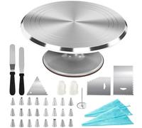 DAWOO Cake Turntable, Rotating Cake Stand, with 12 inch Aluminium Alloy Rotating Turntable, Includes Palette Knife and Cream Scraper Accessories Etc. (Silver)