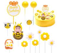 DAWRIS Bee Cake Decoration Set of 18 Bee Birthday Decoration with Daisies, Happy Birthday Cake Decoration and Bee Cake Topper, Bee Theme for Birthday, Celebration, Party or Bee Theme Party