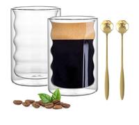 DAWRIS Double Walled Glass Coffee Mugs 2x350ML Double Wall Insulated Cappuccino Nespresso Latte Glass Cups with 2 Spoons Borosilicate Heat Resistant Glass for Milk Juice Ice Cream Iced Coffee & Tea